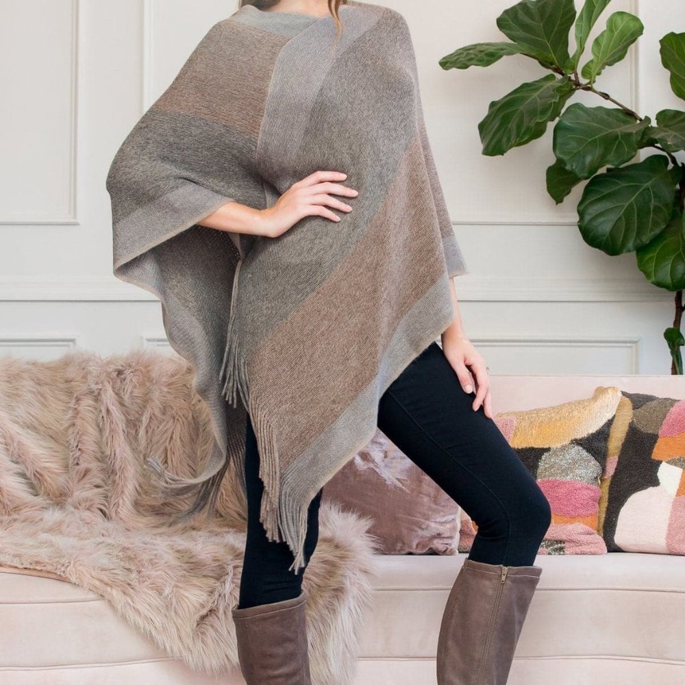 THREE TONE GRAY FRINGE PONCHO CAPE NWT